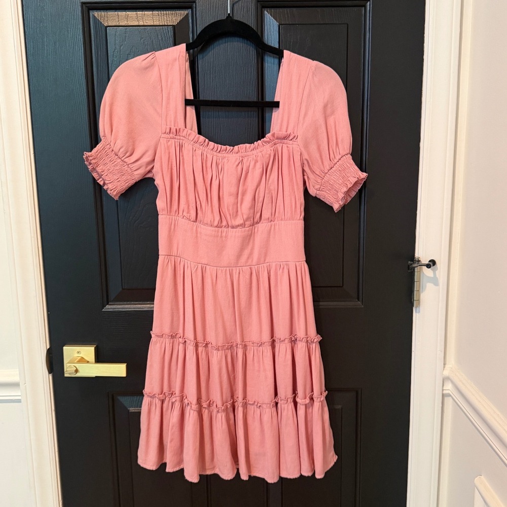 Trixxi Pink Puff Sleeve Tiered Mini Dress Cottagecore Square Neck Smocked Small - Picture 9 of 10